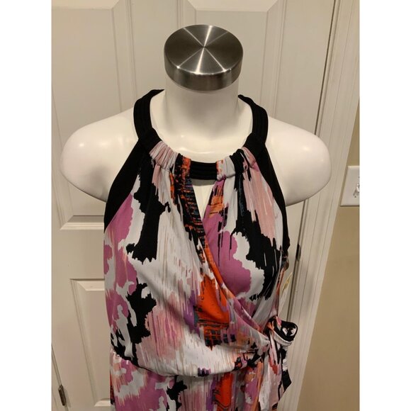T Tahari Black & Pink Splatter Print W/ Ring Neck Dress, Size Large - Picture 2 of 7